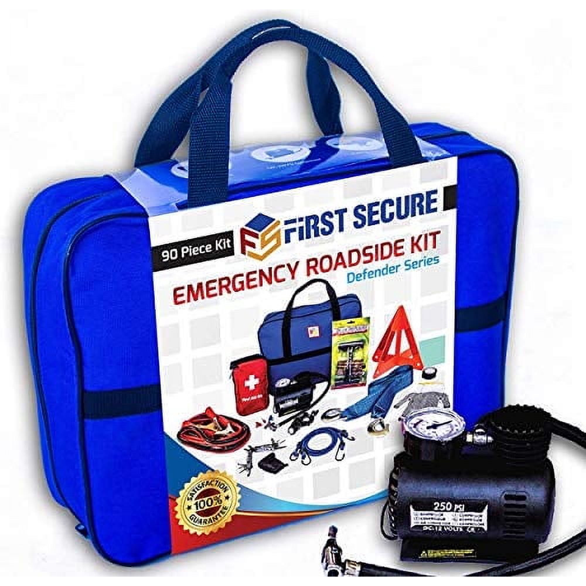 First Secure - Emergency Roadside & First Aid Kit - Essential Car Safety Tool Pack (90 Pieces)