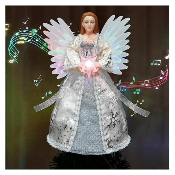 14 inch Christmas Tree Topper Shining Angel with RGB Lights, Xmas Tree Toppers Decorations Ornament with Move , Sliver Angel Treetop with Music Function for Indoor Office Holiday