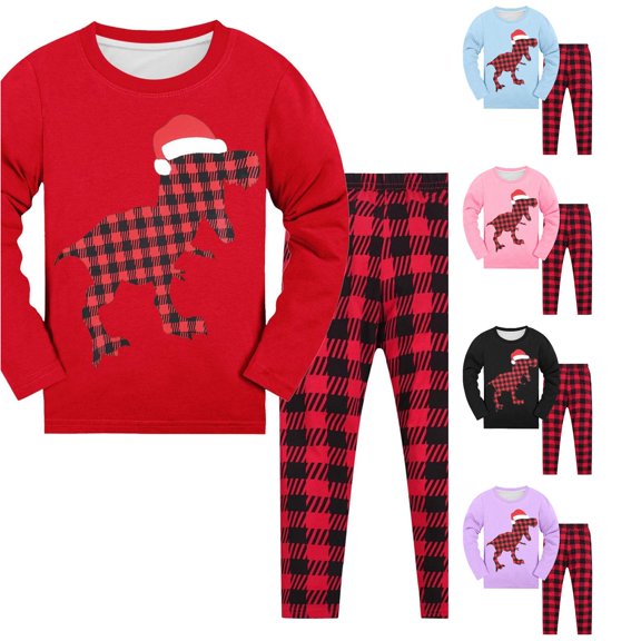 Byoo Big Boy's Soft Pajama Set Christmas Dino Buffalo Plaid Print Long Sleeve Crew Neck Sleepwear Set
