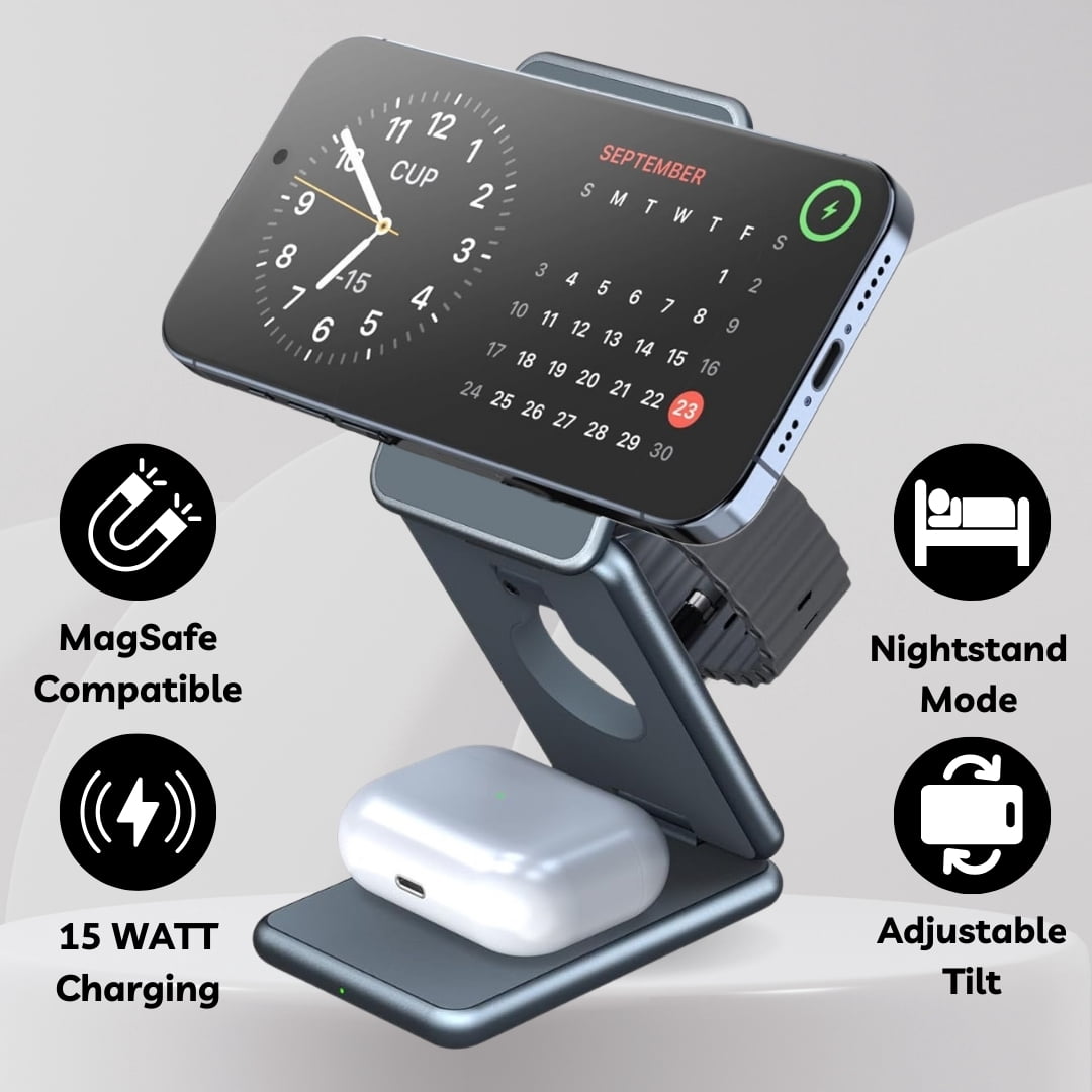 3 in 1 MagSafe Wireless Charger Compatible with iPhone, AirPod and Apple Watch Ultra - Fast Wireless Charger Compatible with MagSafe and NightStand Mode