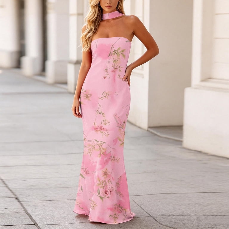 long bodycon floral dress Loyisod Women Floral Tube Maxi Dress with Scarf Summer Strapless Tube Bodycon Mesh Layer Cocktail Party Wedding Guest Dress, Women's, Size: Small,