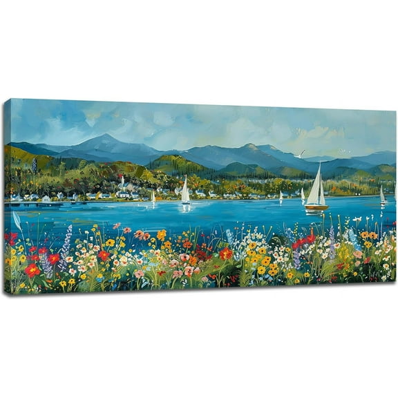 VELVET Mountain Lake Large Canvas Wall Art Nature Flower Pictures Wall Decor Master Over Above Bed Landscape Artwork Paintings Home Office Decorations for Living Room Dinning Room 10x8inch Framed