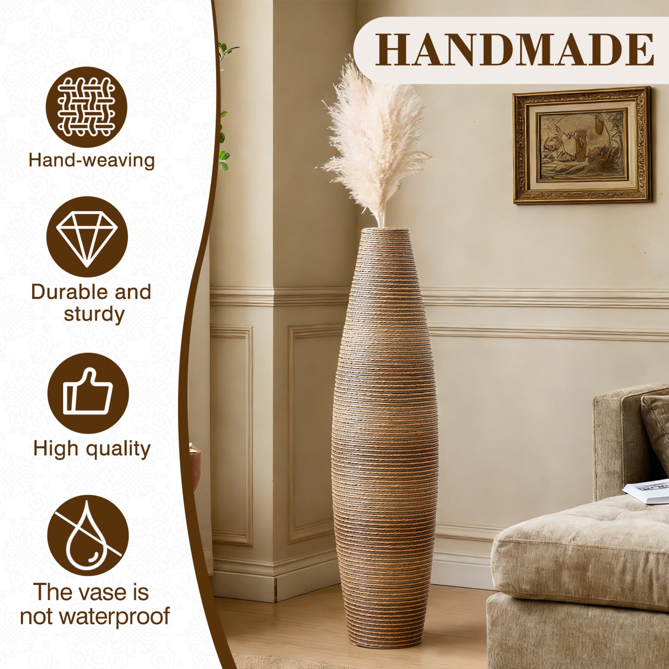 Noble House 39.37" Tall Handcrafted PVC Floor Vase, Rattan-Like Textured Decorative Vase, Beige