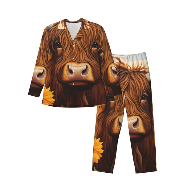 Fotbe Countryside Sunflower Cow Pijama de Hombre con Estampado de Manga Larga, Conjunto de 2 Piezas, Ropa de Dormir Suave y Cómoda con Bolsillos-Small