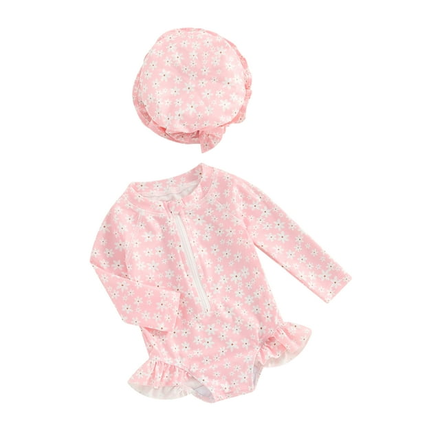 Sylvamorning Toddler Baby Girls Rash Guard Romper Swimsuit Floral Print Long Sleeve Ruffles Bikini Infant Cute Zipper Bathing Suit with Swim Cap Summer Swimwear 6M-3T