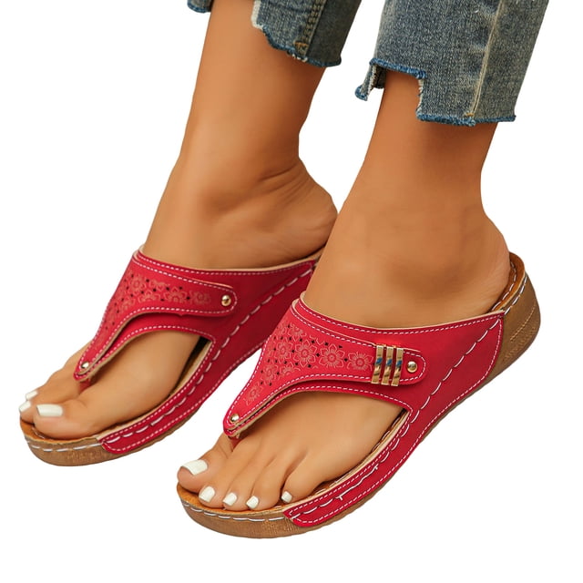 Sandales de Plage Compensées à Plateforme pour Femmes, Élégantes, Ajourées, Décontractées, Antidérapantes, Sandales à Bride, Confortables, pour la Plage, Rouges, Taille 8