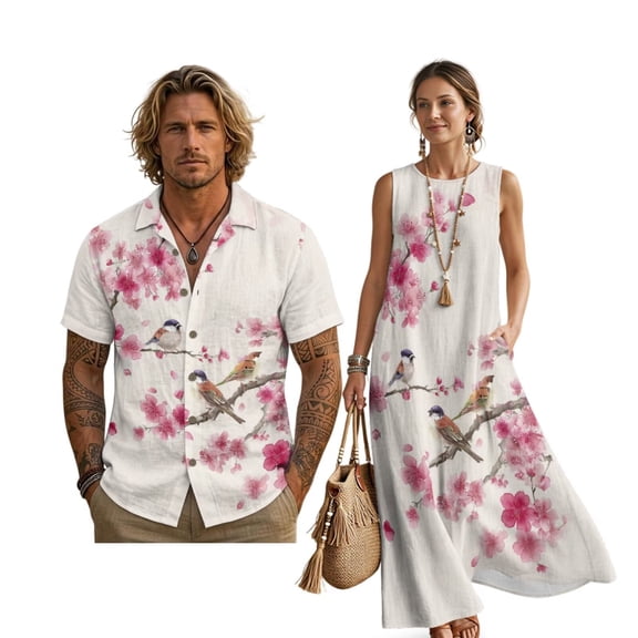 FOR U DESIGNS Cherry Blossom Bird Print Matching Outfits Linen-Style Couple Clothes Sets Sleeveless Summer Dresses for Women, Men's Casual Button-Down Shirts