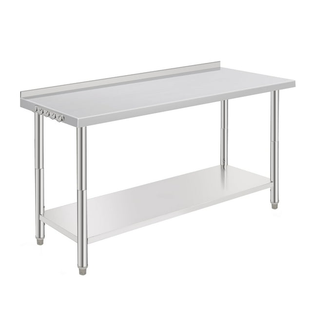 Table de Préparation en Acier Inoxydable NSF Robuste - 60x24x35 Pouces - Tablette Inférieure Réglable, Crochets pour Outils, Bord Droit, Sans Roulettes, Baffle Arrière, pour Restaurant et Entrepôt