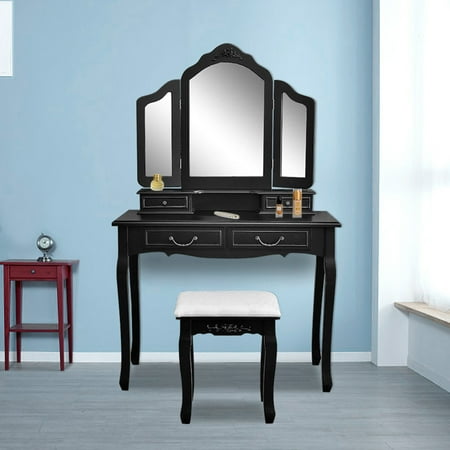 Vanity Mirror Storage UBesGoo Makeup Beauty Vanity Hair Dressing Table Set Tri-Folding Mirror, Upholstered Stool Seat, 4 Drawer Storage Organizers - Black ()