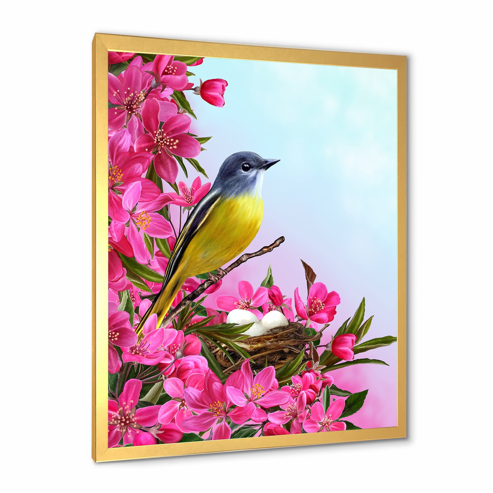 Designart 'Little Yellow Bird Near The Nest with Pink Flowers' Traditional Framed Art Print