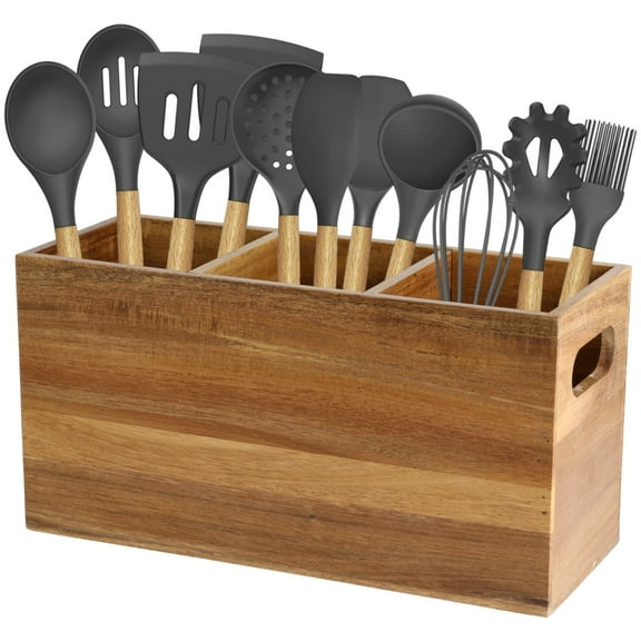 Large Wooden Utensil Holder, 3-Compartment Utensil Organizer for Kitchen, Farmhouse Natural Wood Storage Box, Cooking Utensil Caddy for Countertop