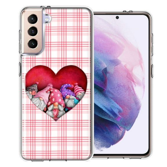 MUNDAZE for Samsung Galaxy S21 Valentine's Day Garden Gnomes Heart Love Pink Plaid Double Layer Phone Case Cover