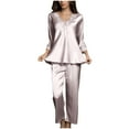 thumbnail image 4 of Mrat Work Outfits Set Office Satin Pajama Set Long Sleeve V-Neck Shirt with Long Pajama Pant Set Soft Loungewear Outfits S-44 Rose Gold XXL, 4 of 7