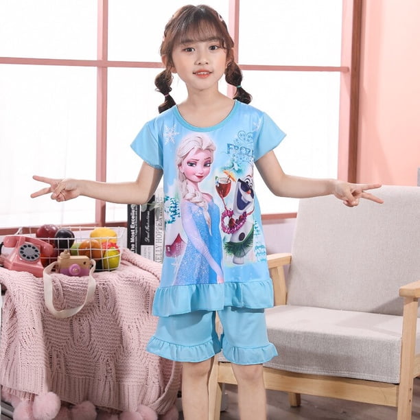 Conjunto de pijamas de Elsa para niños, pijamas de manga corta, ropa de verano para niñas, ropa fina de princesa de dibujos animados para el hogar, 8 95-105CM Gao Jinjia LED