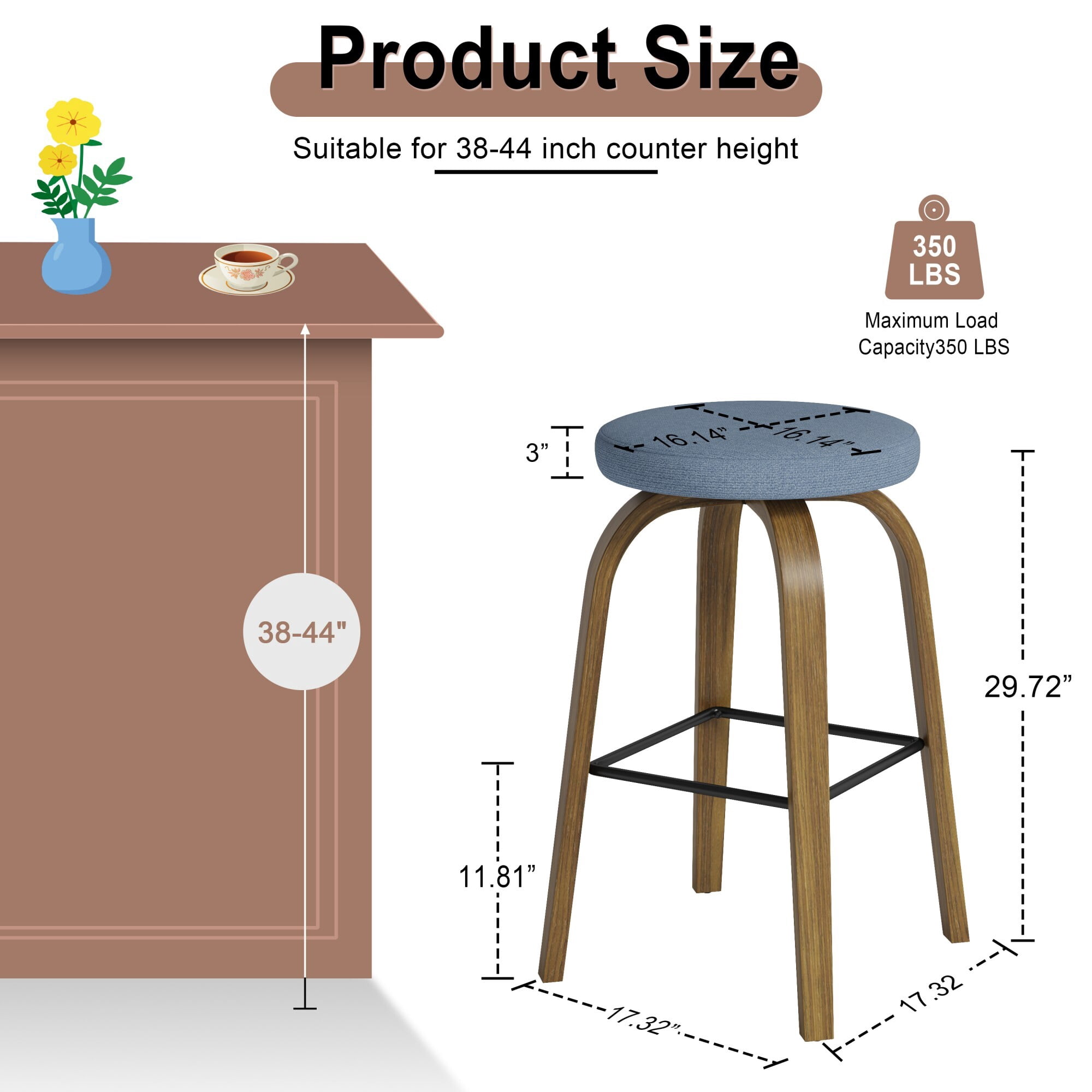 AENKYO 30" Swivel Bar Stools Set of 2, Bar Height Stools for 38"-44" Tall Tables, Fabric Upholstered, Blue