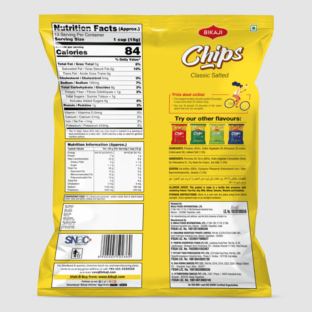 Chips salées classiques Bikaji, 200 g Chips de pommes de terre style gaufrettes salées