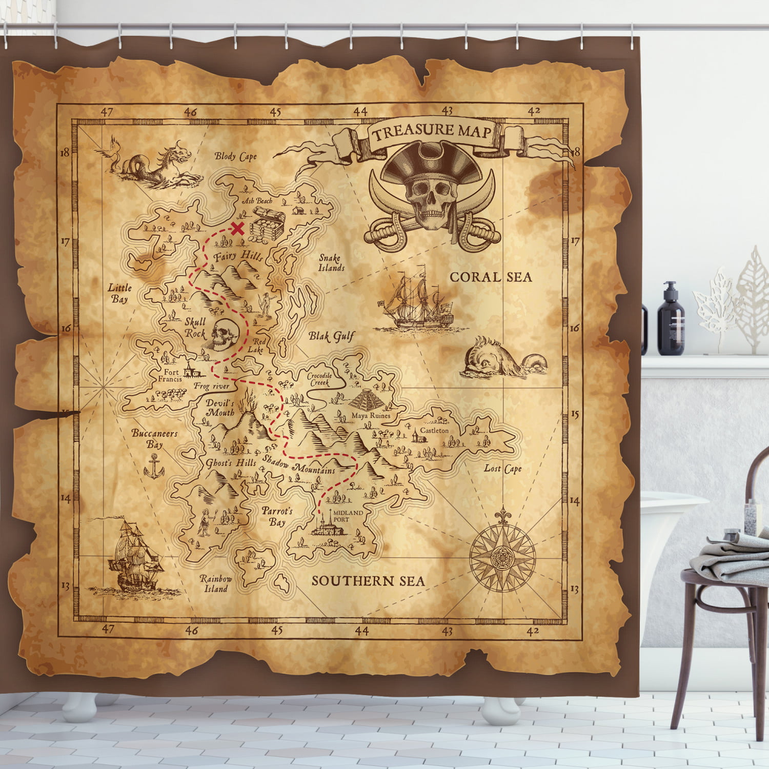 Treasure with Gold Pirate Skull on Seabed Fabric Shower Curtain Bathroom decor 