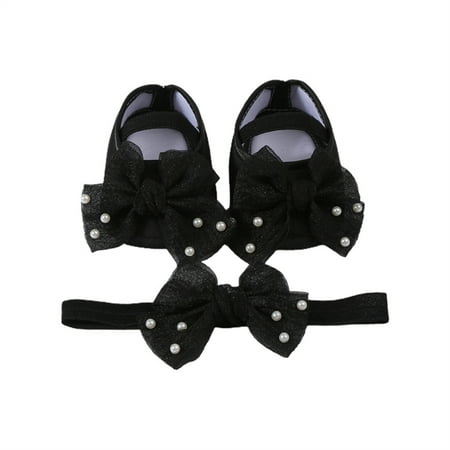 Mildsown Baby Girls Baptism Shoes and Headband Pearl Bow Flats and Hairband