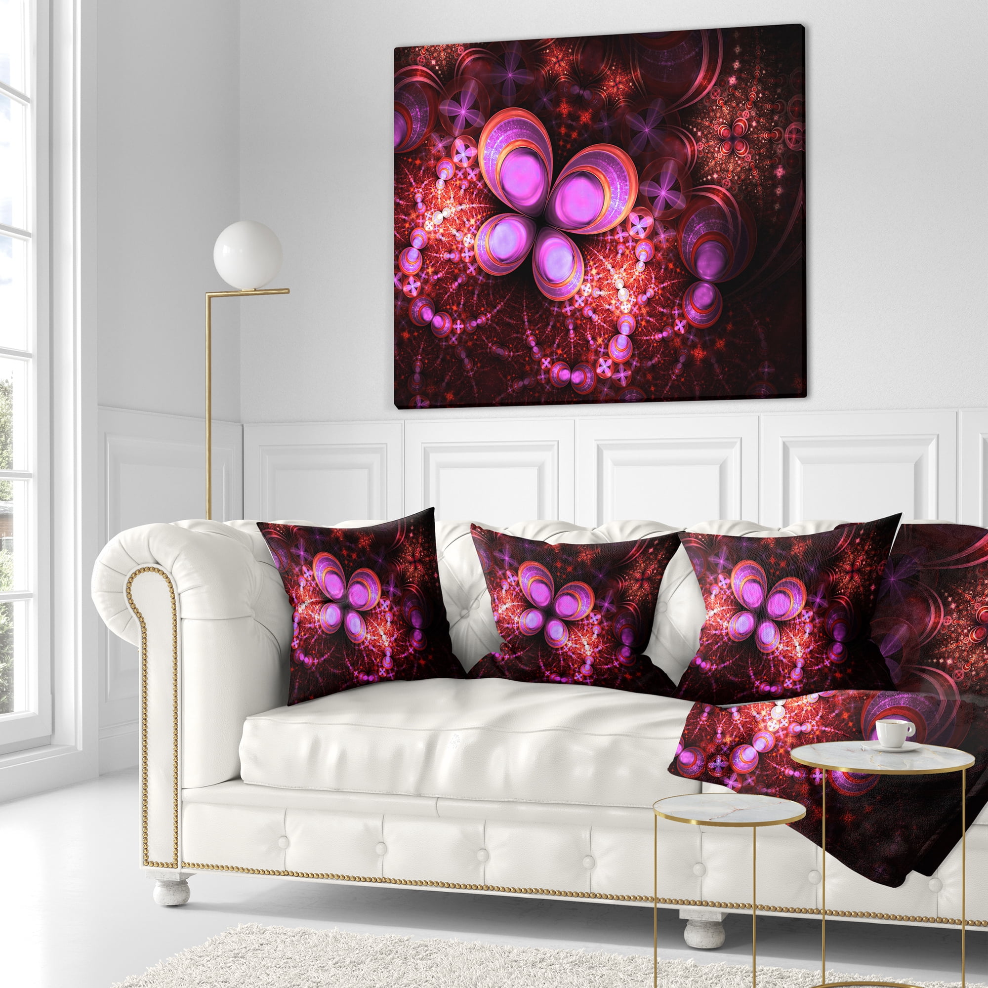 Designart Glowing Purple Pink Fractal Flower - Floral Throw Pillow - 18x18