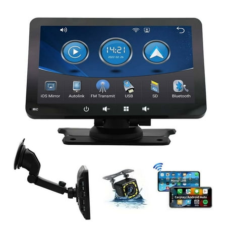 Potable Car Stereo with Wireless Apple CarPlay and Android Auto, 7-Inch LCD Touchscreen Car Stereo Audio MP5 Player with Backup Camera, Bluetooth, Car Radio with FM, Mirror Link, USB/TF/AUX/AV-in