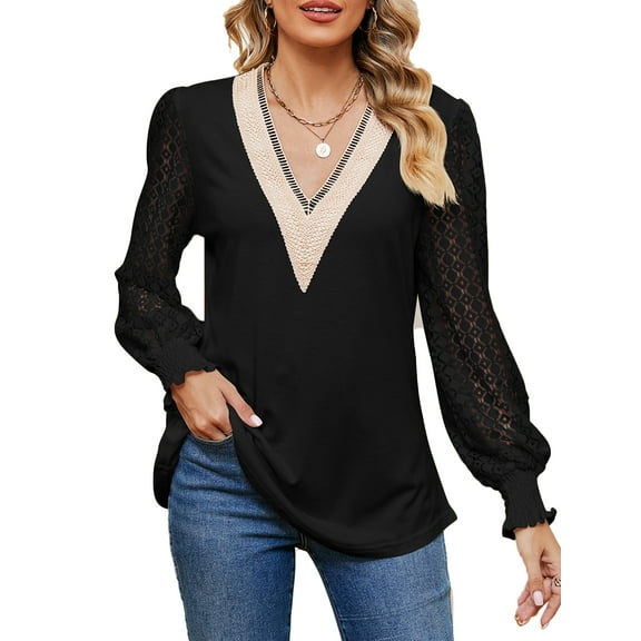 SHIBEVER Tops for Women Fall Casual Long Sleeves Blouses Blasic Tunic Lace Tops V Neck Hollow Loose T Shirts for Women Size XL