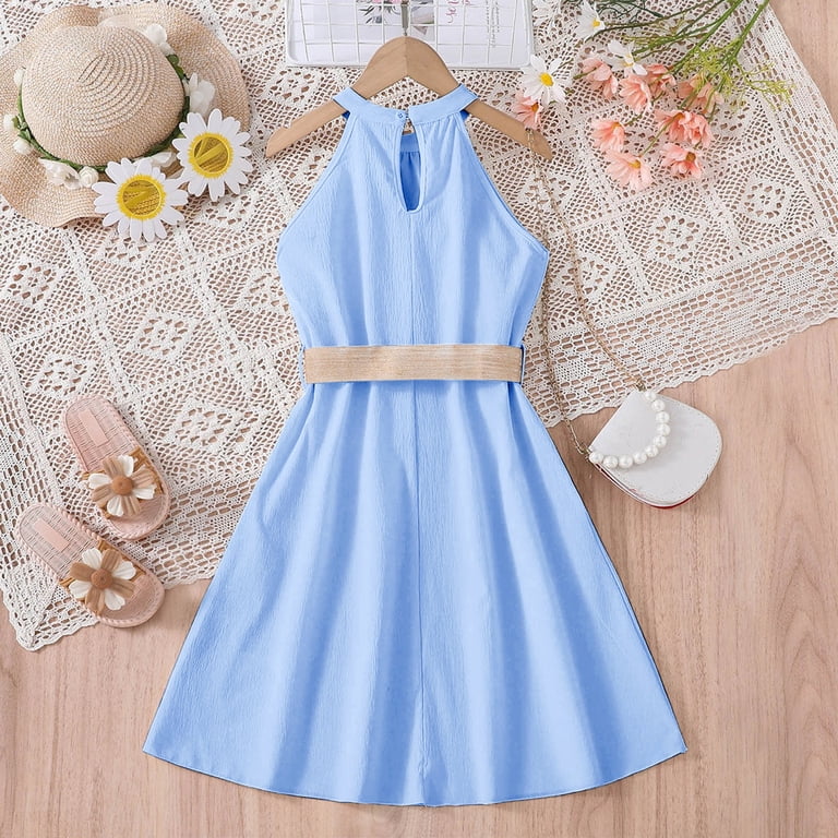 Rovga Girls Summer Dresses Children Sleevele Chic Style Solid Color Hanging  Neck Waist Collection Dress Light Blue Sweet Daily Wear 11-12 Years -  Walmart.com