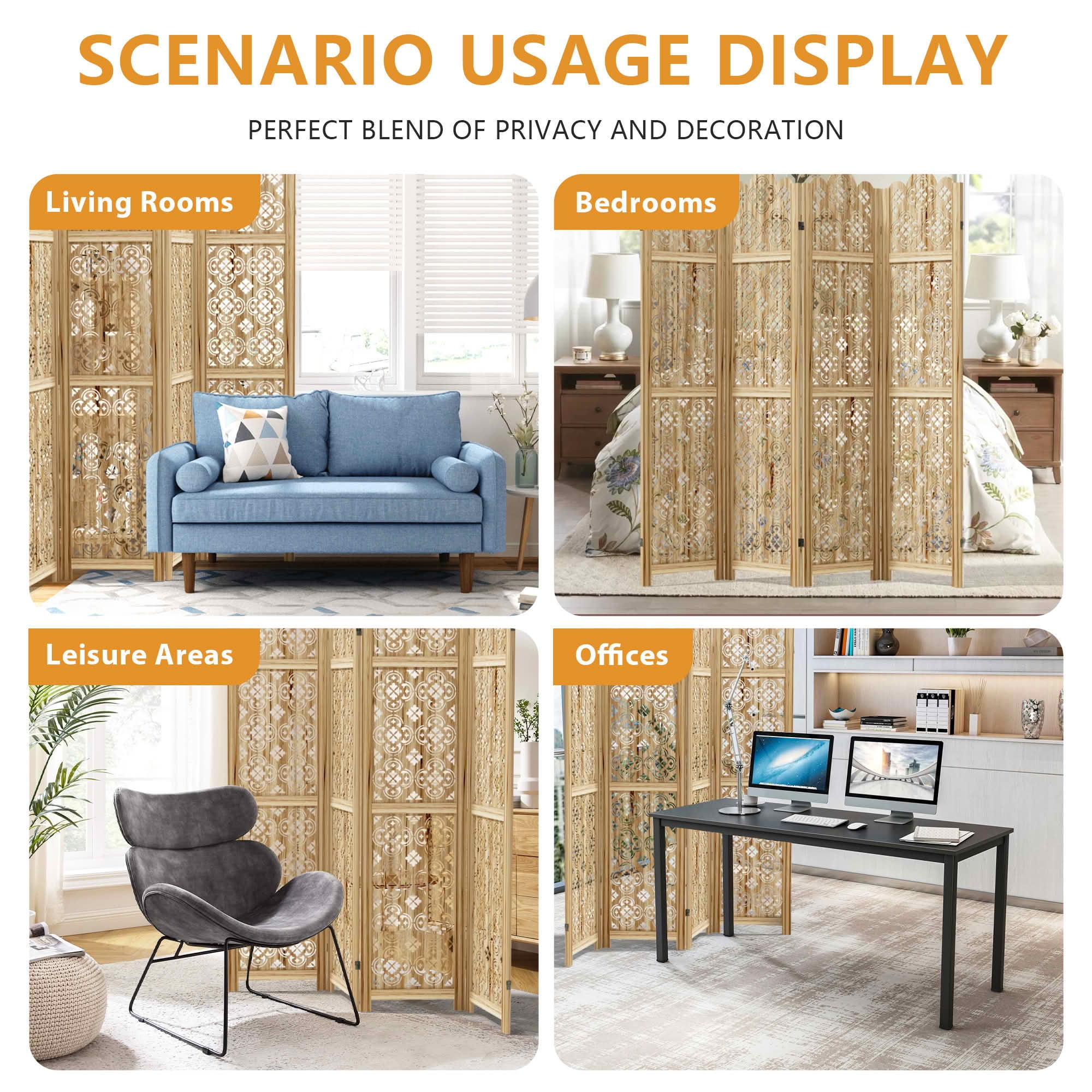 MAYEERTY 95x1x67 Inch Natural Charcoal Coin Wooden Folding Privacy Screen, 6 Panel Set for Home & Patio