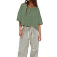 thumbnail image 3 of Women Y2K Button Front Crop Sweater Cardigan Solid Color Crew Neck Middle Sleeve Knit Tops Streetwear Green S, 3 of 8