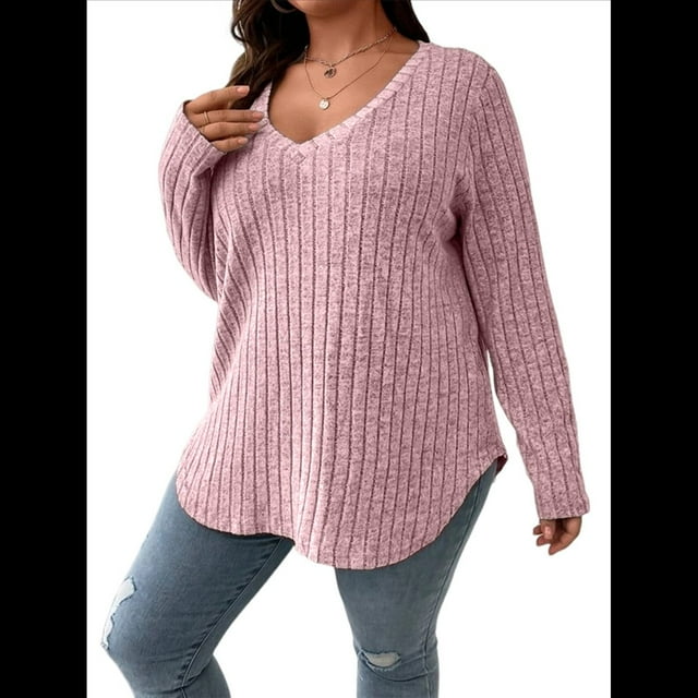 Suéter Informal de Punto con Cuello en V y Larga para Mujer, Talla Grande Rosa 5XL