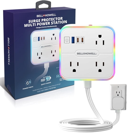 Bell   Howell Surge Protector Outlet with USB Ports, Extension Cord Flat Wall Plug with 3 AC, 1 USB and 2 Type-C Ports, Night Light Multi Power Station with LED Lights, Fast Charging 6 Ft Cord