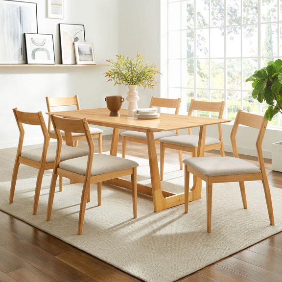 Modway Solara 7-Piece Wood Dining Set with Fabric Upholstered Side Chairs in Natural Heathered Weave Beige