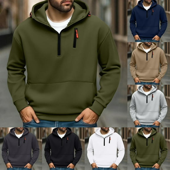 ZyeKqe Hoodies for Men Quarter Zip Lightweight Sweatshirts Fleece Lined Oversized Hooded Pullover with Pocket