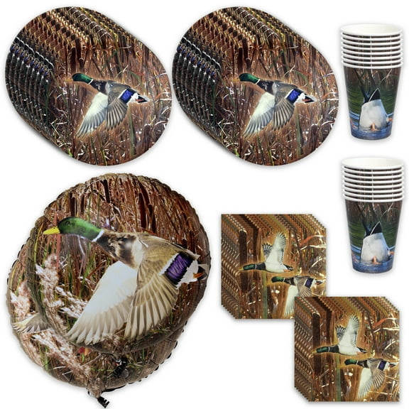 Havercamp Duck Hunting Party Supplies for 16 guests; includes 16 ea. Lg. 9” Plates, Lg. Napkins, 12 oz. Cups and (2)-18" Mylar Balloons with beautiful Mallard Duck images.