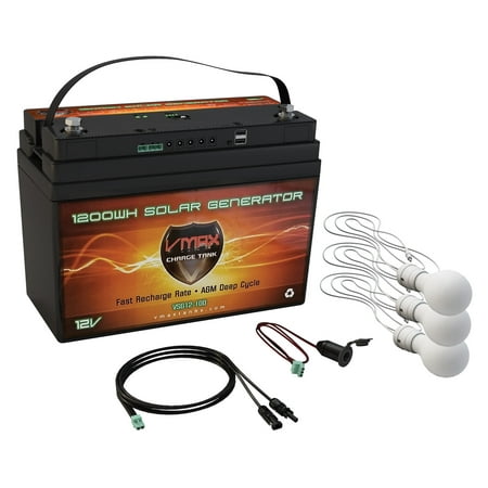 VMAX VSG12-100L3 Portable Solar Generator Kit 1,300Wh 12V AGM Rechargeable Battery Backup w 3 LED 7watts Lights Solar Controller W/ MC4 Cable USB