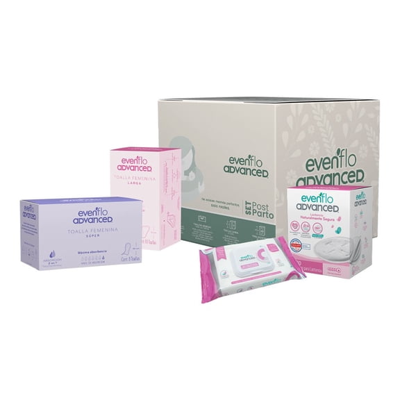 Set post parto Evenflo Advance, Toallas femeninas, protectores de lactancia y toallitas Humedas, paquete de 4 piezas