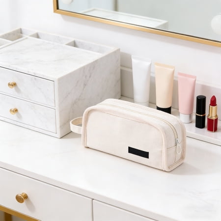 FEOLGEHLY Large Capacity Pencil Case with Zipper and Handle Portable Canvas Pencil Pouch Makeup Bag Travel Storage Box Lightweight Durable Pen Case Bag Long-Lasting Protection for Stationery(White)