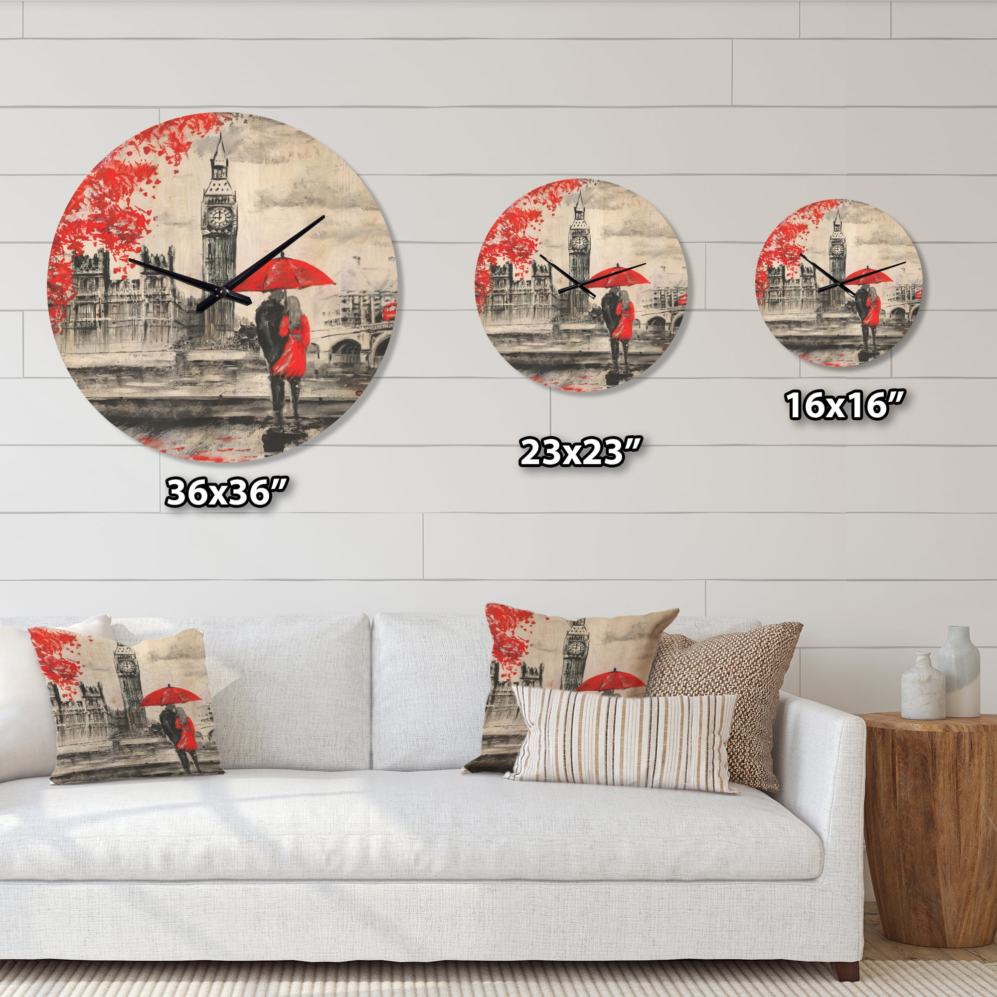 Designart 'Couples Holding Umbrella Walking in Paris II' Modern Wood Wall Clock