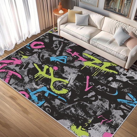Graffiti Abstract Rug Washable Pop Street Art Rugs For Living Room Bedroom, Cool Paint Area Rug For Home Decor, Non Slip Backing Floor Carpet 3x5ft
