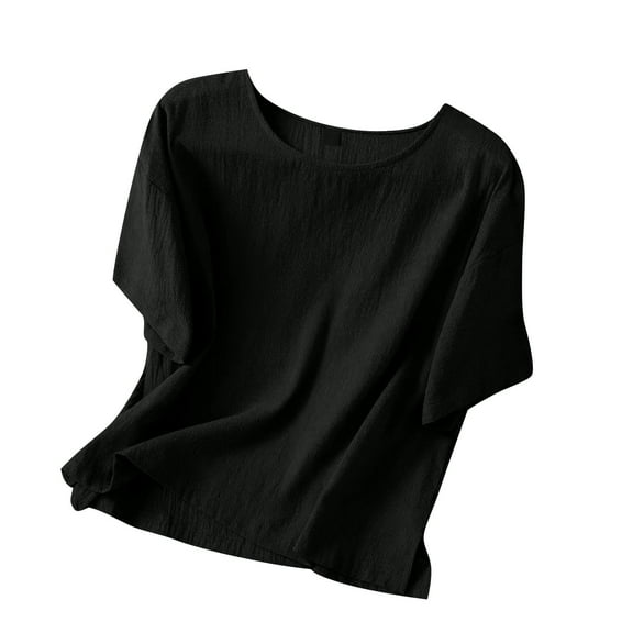 HomeGardon Womens Shirts Plus Size Tops for Women,Women's Solid Color Imitation Cotton and Linen Shoulder Down Short Sleeved Round Neck Hem Slit Top,S-XXXXL