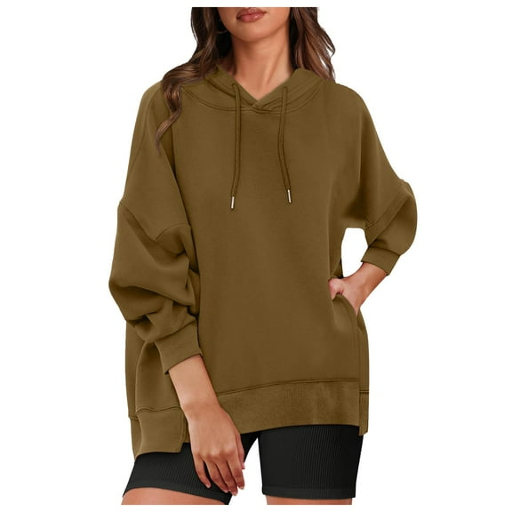 Women's Long Sleeve Oversized Pullover Sweatshirt Solid Color Hoodie with Pockets Fall Winter Clothes for Women (Brown L)
