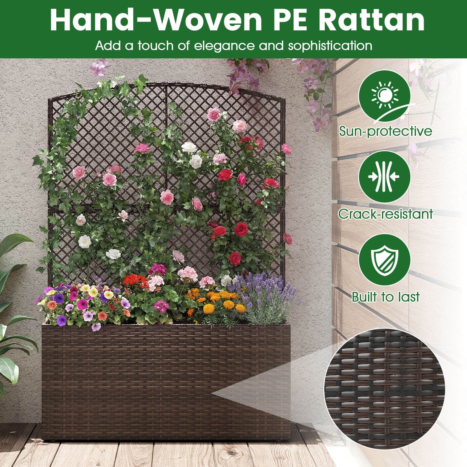 Costway 2 PCS 58” Raised Garden Bed with Trellis, Wicker Planter Box with Privacy Screen Brown