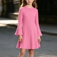 thumbnail image 6 of Girls Trendy Ribbed Dresses Flared Long Sleeve Flowy Crewneck Casual Kids Fall Winter Dresses Hot Pink 10, 6 of 8