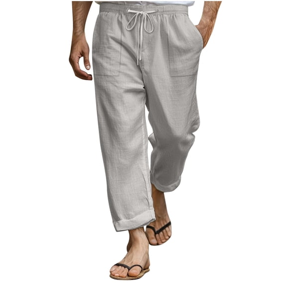 Mens Pants Lightweight Breathable Cotton Linen Drawstring Elastic Waist Trousers with Pockets Fathers Gift
