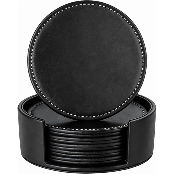 Kaleduo Leather Coasters Set of 6 with Holder, Round Waterproof Non-Slip Heat Resistant Drink Cup Coasters, Furniture Protective Coffee Table Mats for Kitchen Bar Office Home, Black