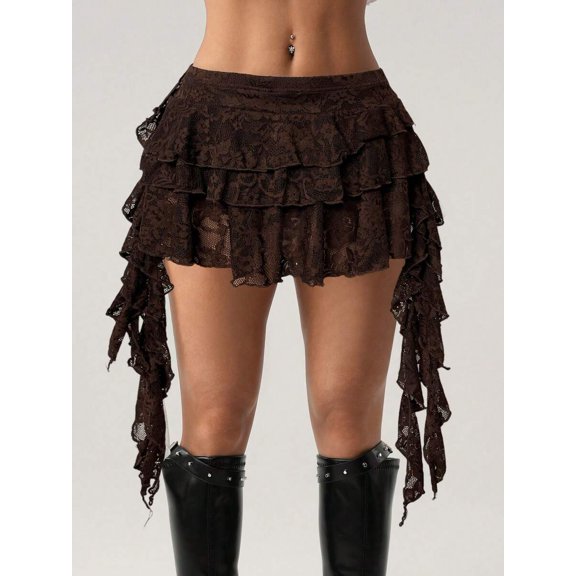 Brown Lace Ruffle Tiered Mini Skirt With Asymmetrical Hem And Safety Shorts