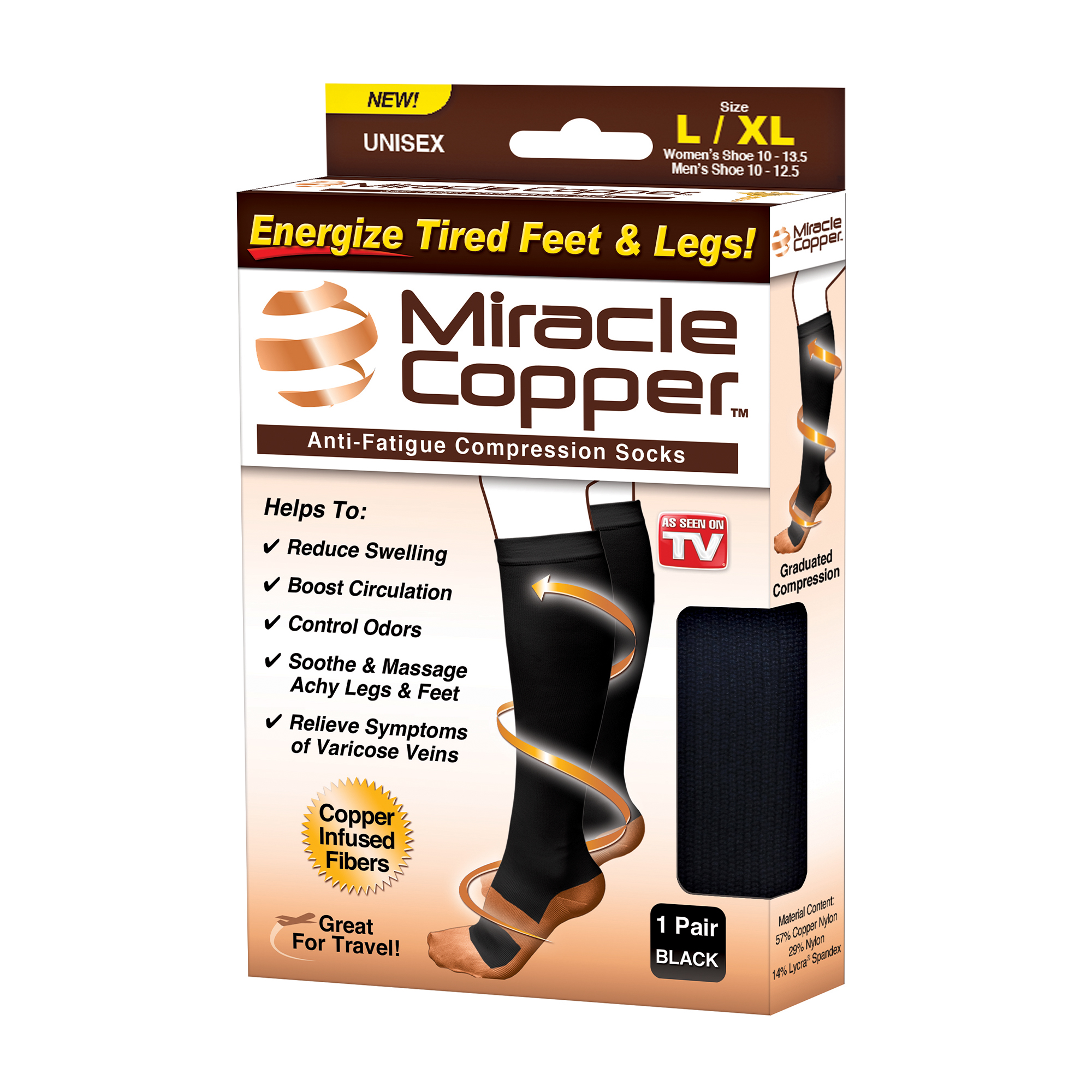 Miracle Copper Anti-Fatigue Copper Infused Compression Socks, Choose Your Size Unisex, As Seen on TV - image 2 of 6