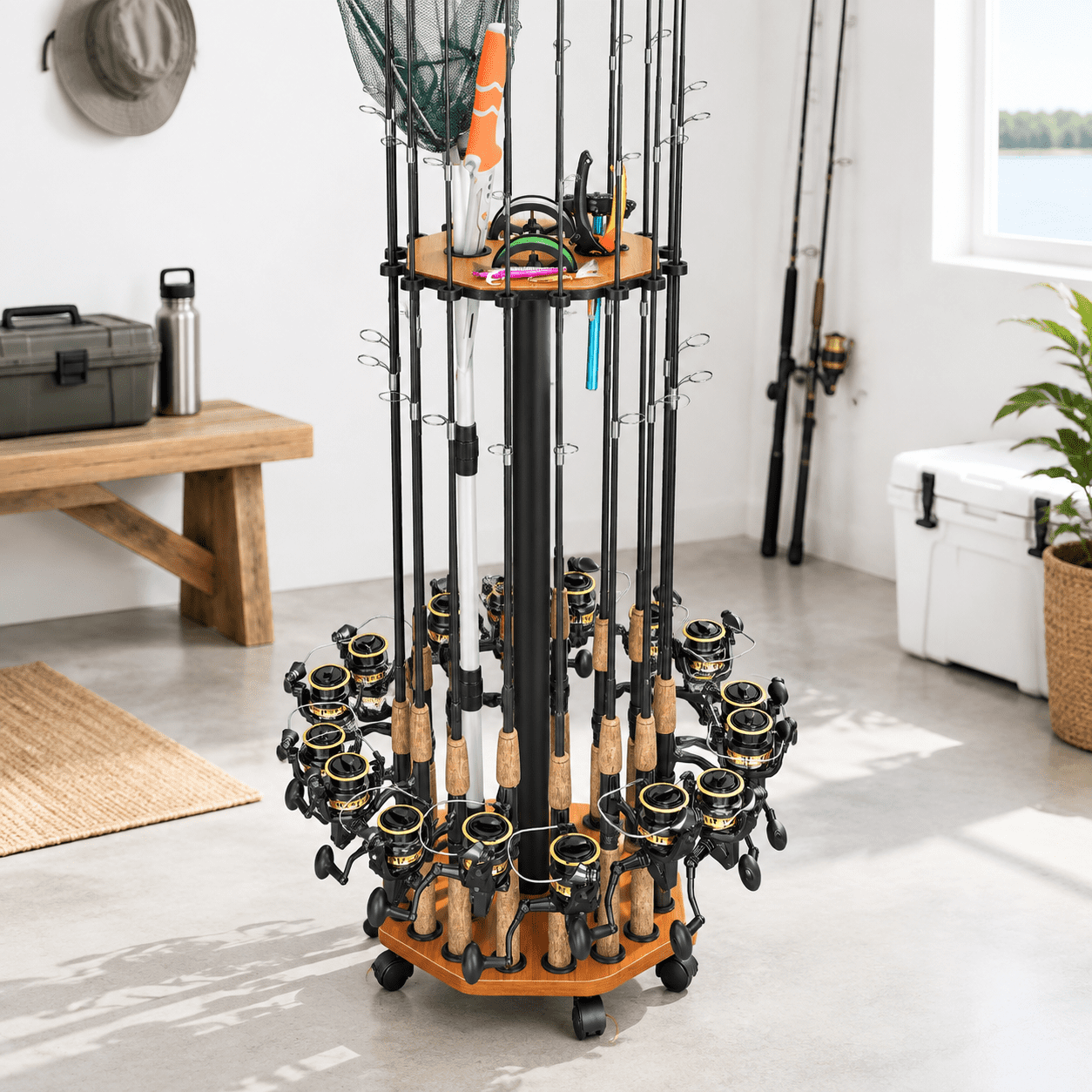 Red Oak Grain 16-Rod Mobile Fishing Rod Rack with Storage Station