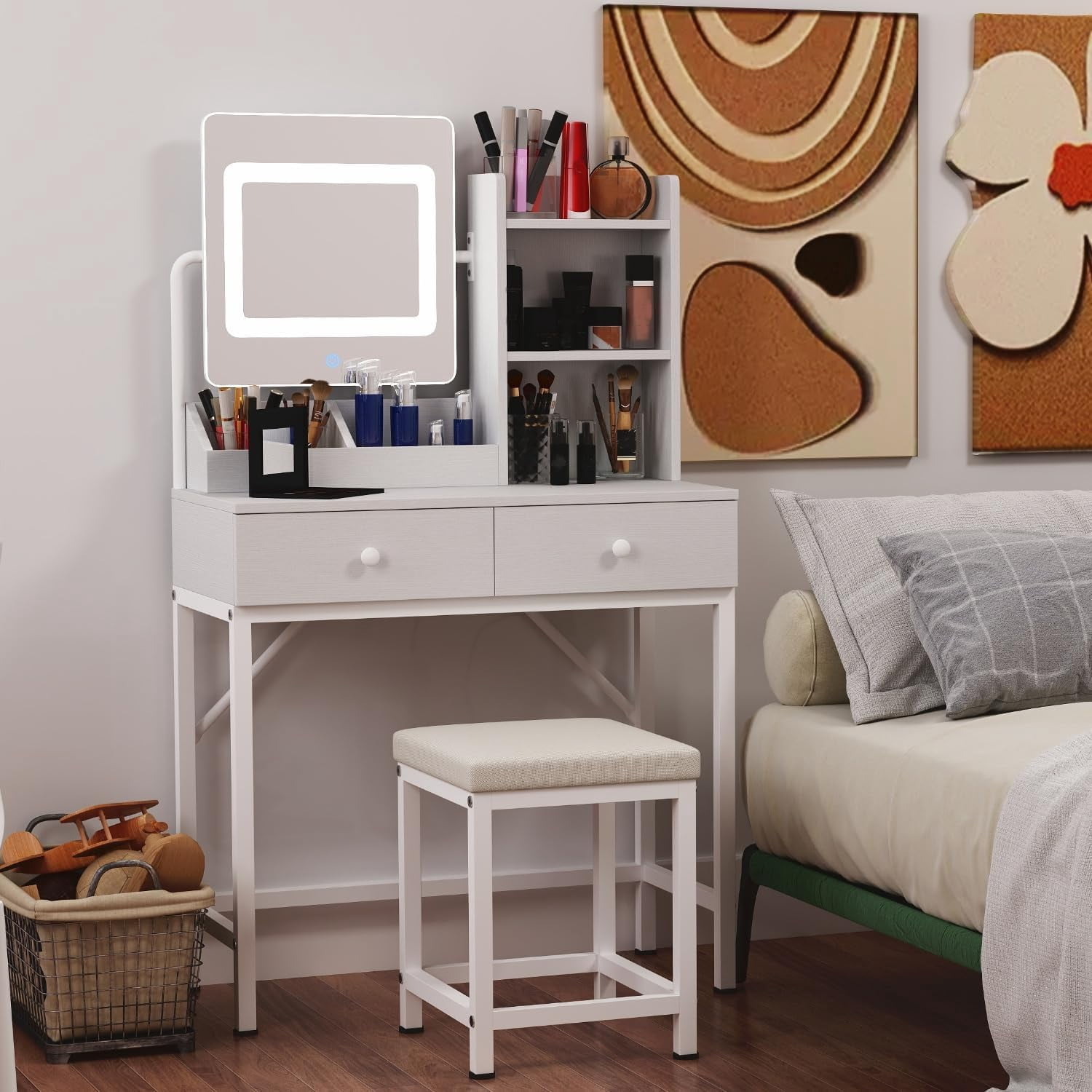 Makeup Vanity Desk with LED Mirror, 31.5” Vanity Table with 2 Drawers & Storage Shelves, White
