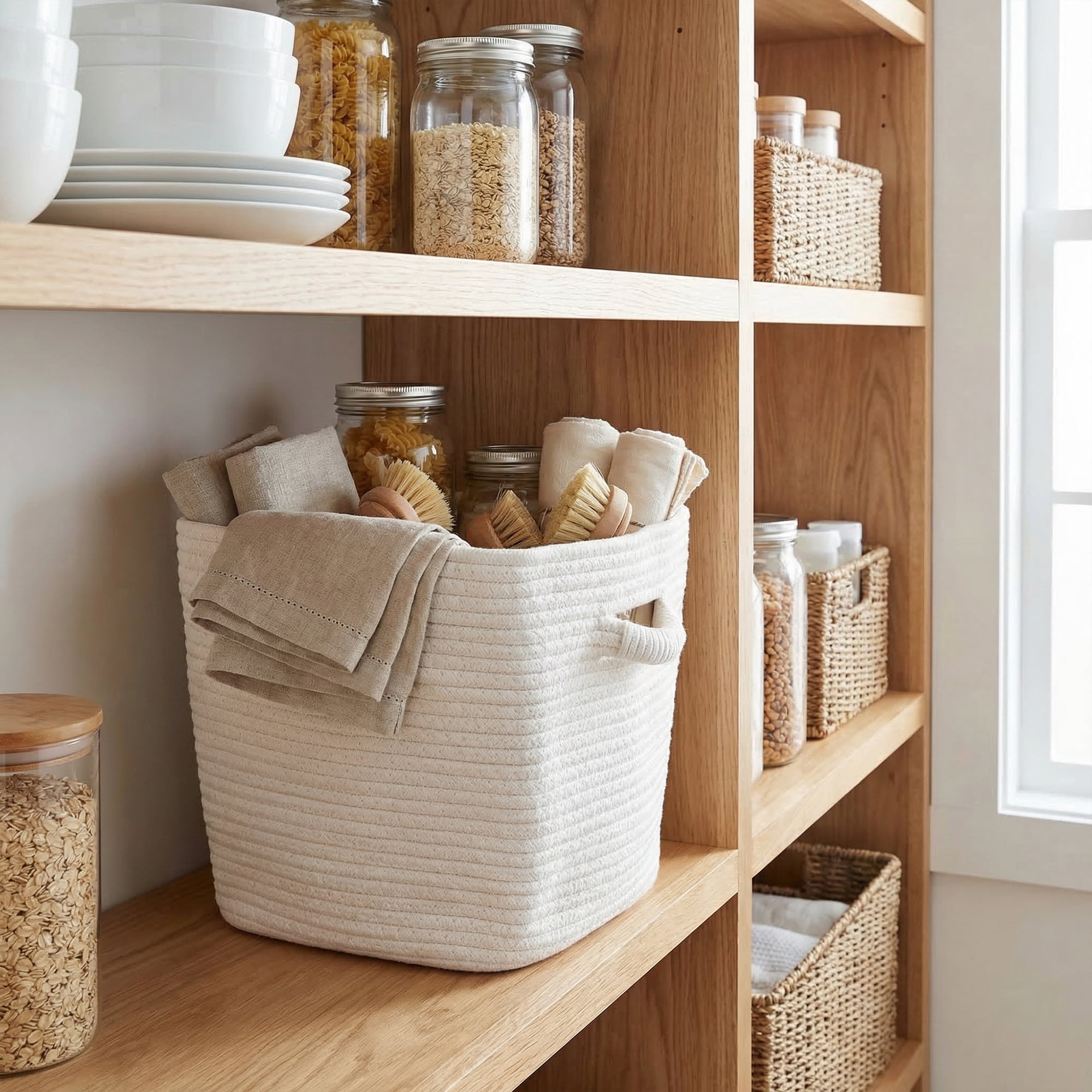 Unique Bargains Woven Storage Basket Shelf Closet White 11*11*11in