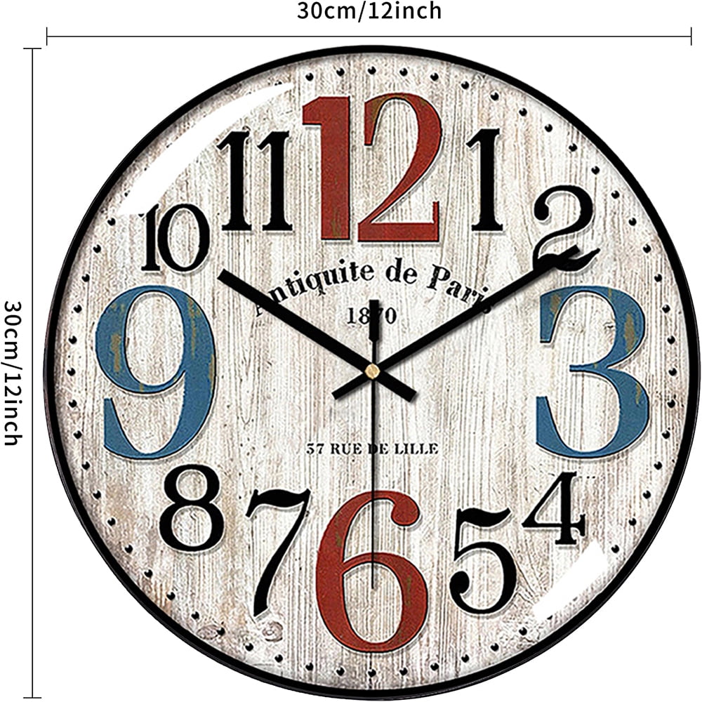 VOCOO Glass Silent Classic Retro Wall Clock , 12 Inch Large Round Quartz Clock Battery Operated Non Ticking Easy to Read Decoration for Bedroom Living Room Kitchen Home Office